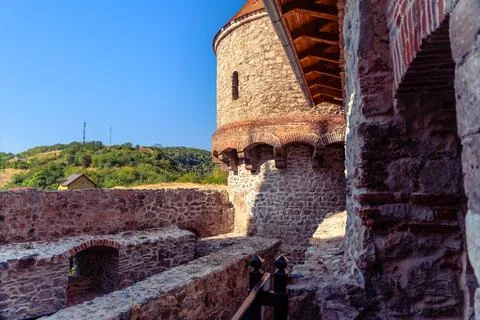Stone defensive tower and masonry passage inside Corvin Castle in Hunedoara.. Stock Photos