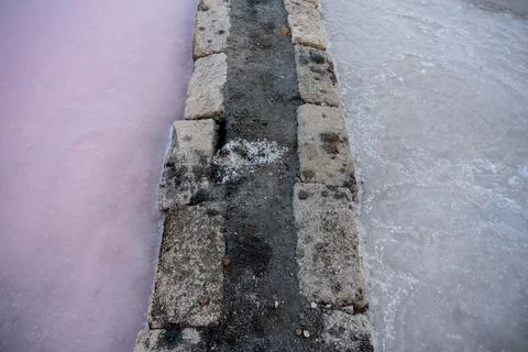 Stone divider between pink and white salt ponds Stock Photos