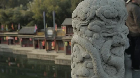 Stone Dragon Carving on Bridge Over Water at Summer Palace in Beijing China Stock Footage 341782359