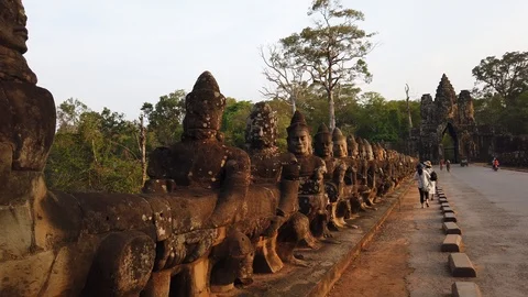Stone figures, "giants" of the Asuras (evil spirits) and Devas (good spirits)  Stock Footage 105890096