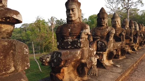Stone figures, "giants" of the Asuras (evil spirits) and Devas (good spirits)  Stock Footage 105890187