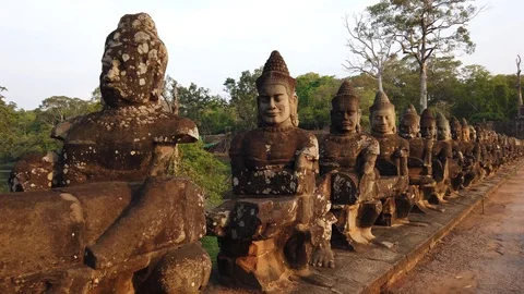 Stone figures, "giants" of the Asuras (evil spirits) and Devas (good spirits)  Stock Footage 105890242