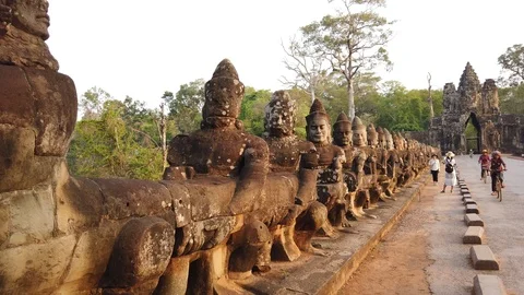 Stone figures, "giants" of the Asuras (evil spirits) and Devas (good spirits)  Stock Footage 105890246