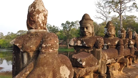 Stone figures, "giants" of the Asuras (evil spirits) and Devas (good spirits)  Stock Footage 105890362