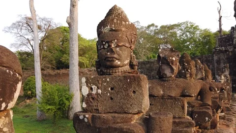 Stone figures, "giants" of the Asuras (evil spirits) and Devas (good spirits)  Stock Footage 105890990