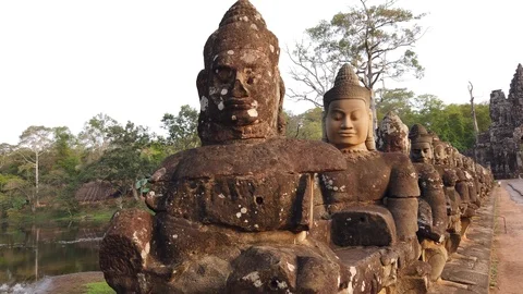 Stone figures, "giants" of the Asuras (evil spirits) and Devas (good spirits)  Stock Footage 105891058