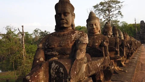 Stone figures, "giants" of the Asuras (evil spirits) and Devas (good spirits)  Stock Footage 105891099