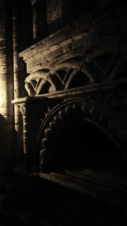 Stone fireplace in a dark room with light coming from a lantern Stock Footage 334175924
