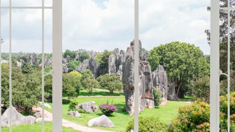 Stone forest landscape as seen from a white window Stock Footage 140864085