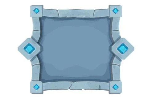 Stone frame with border and gemstones, shield shape, empty medieval menu panel Stockillustratie
