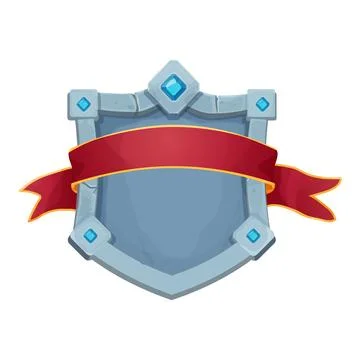 Stone frame with border and gemstones, shield shape, red award ribbon empty Stock Illustration
