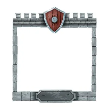 Stone game frame, vector UI panel, medieval interface design, wooden shield Stock Illustration