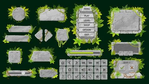 Stone game interface, buttons and UI elements Illustrazione stock