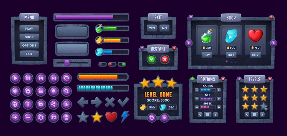 Stone game interface buttons, menu panels or bars 스톡 일러스트