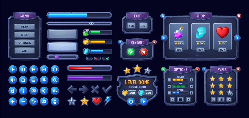 Stone game interface, Medieval UI game buttons Illustrazione stock