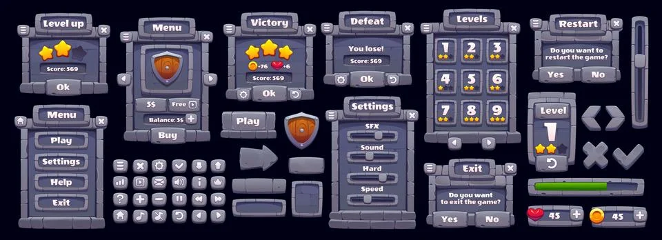 Stone game interface, rock buttons, frame board Stock Illustration