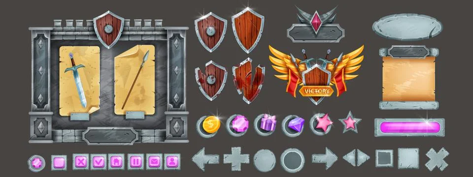 Stone game interface vector elements set, medieval rock menu frame Stock Illustration
