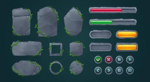 Stone game menu element, cartoon board and button Stock Illustration