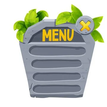 Stone game menu template decorated with jungle leaves textured comic in cartoon Stock Illustration