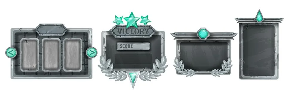 Stone game UI frame set, RPG rock interface menu panel kit, green crystal イラスト素材