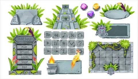 Stone game UI vector set, rock interface button kit, vector ancient maya ruin Stock Illustration