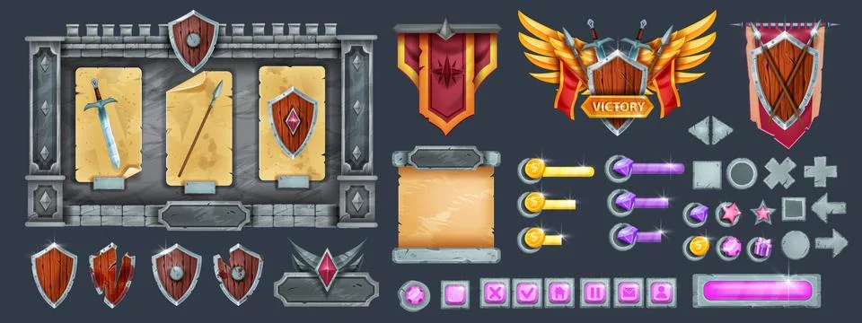 Stone game user interface design kit, medieval knight RPG template design イラスト素材