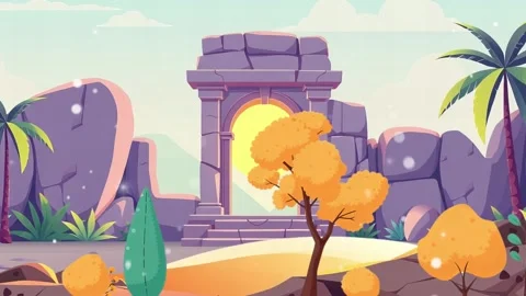 Stone Gate and Tree : A Cartoon Animation of scenery background with beautiful Stock Footage 304944035