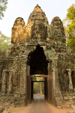 Stone Gate of Angkor Thom, UNESCO heritage site in Cambodia. Stock Photos