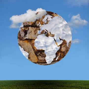 Stone globe with world map shaped clouds. Derived from NASA image. Stock Illustration
