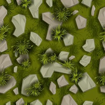 Stone grass seamless pattern, vector rock texture background, green bushes Stock Illustration