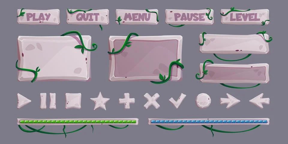 Stone gui elements with jungle vines and leaves Stock Illustration
