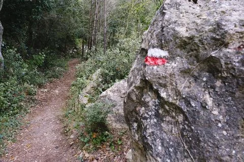 Stone with a guide mark to follow a path. Stock Photos