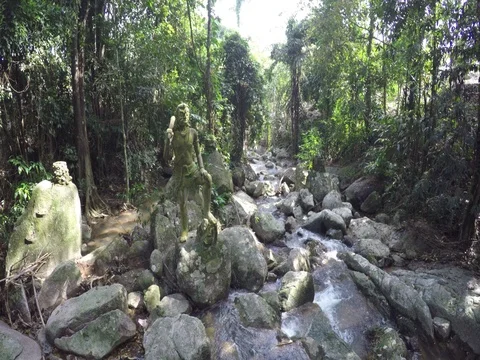 Stone idol guarding Falls Stock Footage 71225529