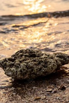 Stone image on the beach and sunset light background image Stock Photos