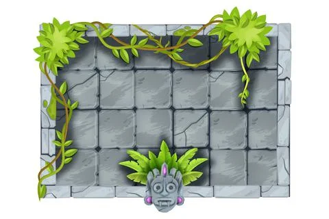 Stone jungle game frame, vector UI rock sign board, tropical plant, liana Stock Illustration