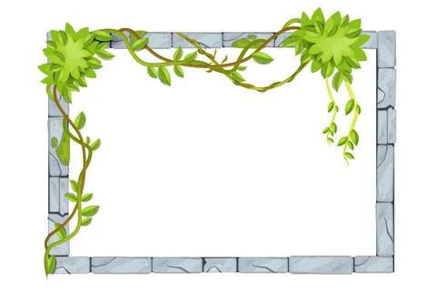 Stone jungle UI game frame, vector rock border, tropical leaf, vine, liana 库存插图