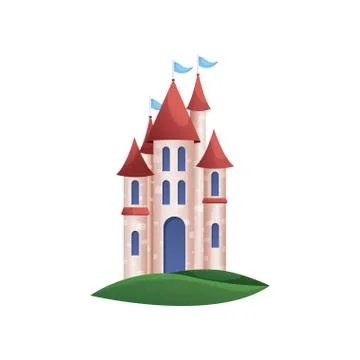 Stone kingdom knight castle with blue windows and red roof Stock Illustration