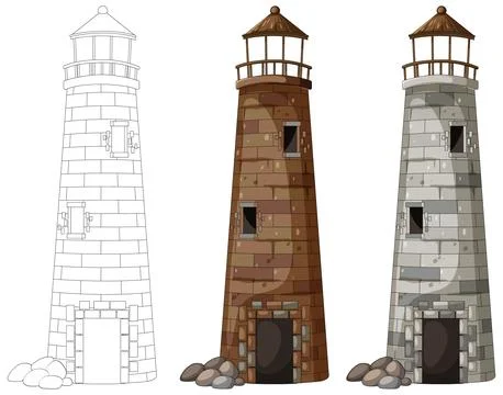 Stone Lighthouse Variations in Line Art and Color Stock Illustration