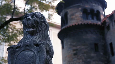 Stone Lion Statue Inside Old Jewish Cemetery In Prague Czechia - 4K Stock Footage 345267434
