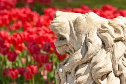 A stone lion statue in a yard setting with flowers Stock Photos