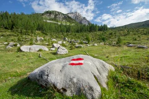 Stone with the mark of trekking path 写真素材