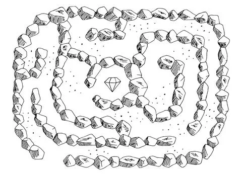 Stone maze graphic black white sketch top aerial view illustration vector Stock Illustration