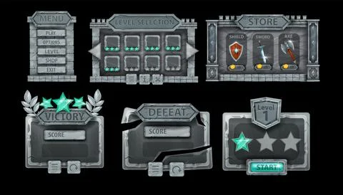 Stone medieval game menu frame set, vector UI button icon kit, victory defeat 库存插图