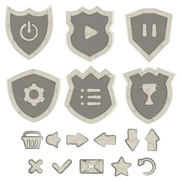 Stone menu shields for the game. Cartoon stone icons for ui game. Stone butto Stock Illustration