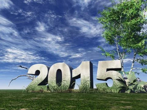 Stone monument 2015 under cloudy blue sky - 3d illustration Stock Illustration