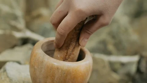 Stone mortar and pestle close-up. Media. Traditional oriental cuisine or 스톡 동영상 226599897