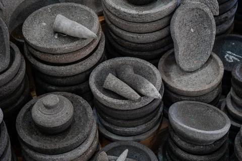 Stone Mortars with Smooth Surface and Various Shapes, Displaying Fresh Craf.. Stock Photos