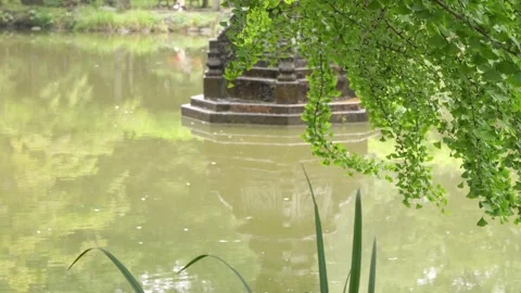 Stone Pagoda Reflected in Calm Pond with Swaying Leaves Stock Footage 339768668