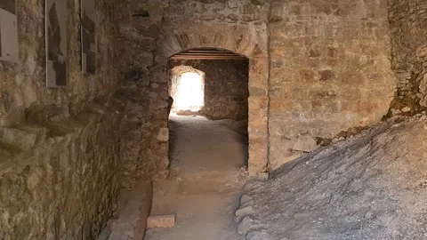 Stone Passage Inside Lednica Castle Ruins Stock Footage 342112754