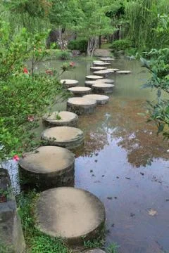 Stone path across the pond Stockfoto's